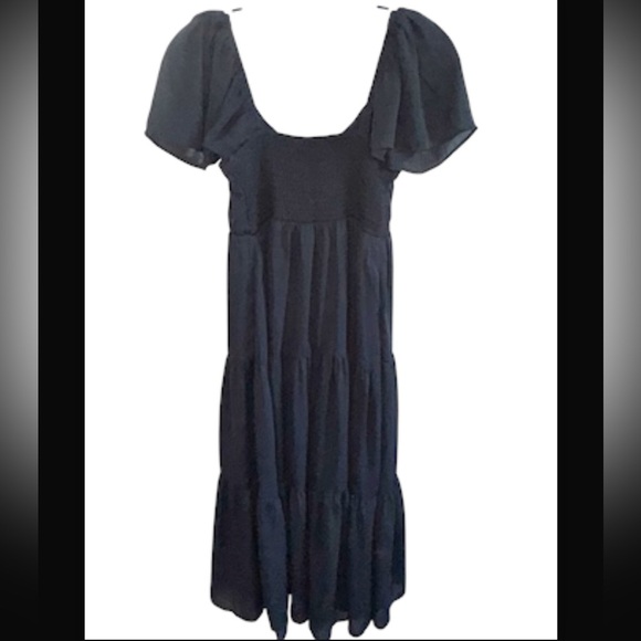 Abercrombie & Fitch Black Midi Dress Smocked Back Sz Small Tiered Skirt - Picture 7 of 9